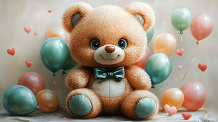 Cute Teddy Bear with Balloons and Hearts - Adorable Plush Toy with Festive Decor