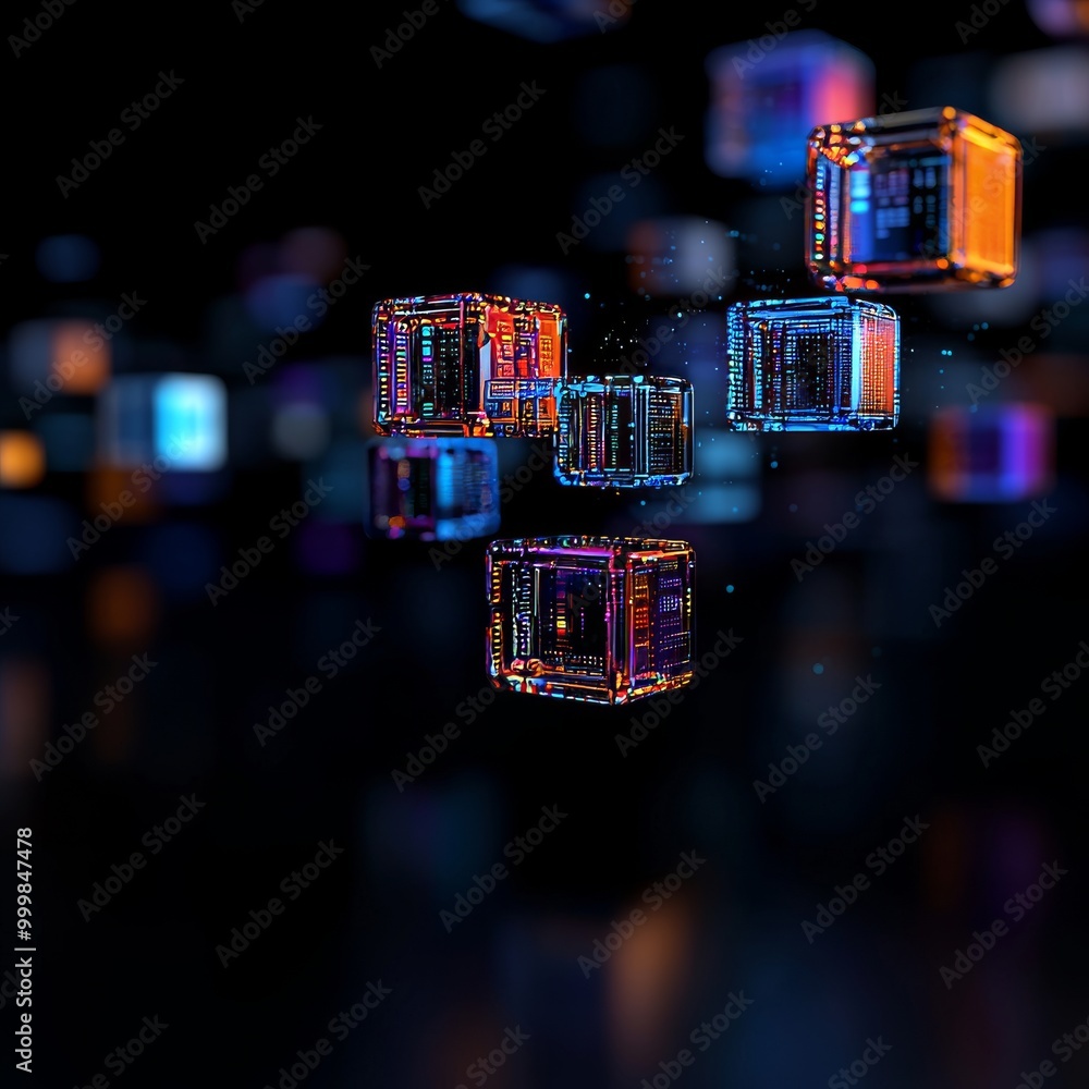 Aufkleber abstract futuristic glowing cubes with digital code design