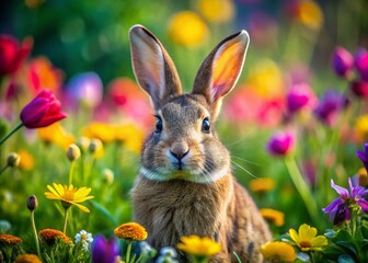 Obraz premium Adorable Close-Up of a Beautiful Rabbit in a Lush Green Meadow Surrounded by Colorful Flowers