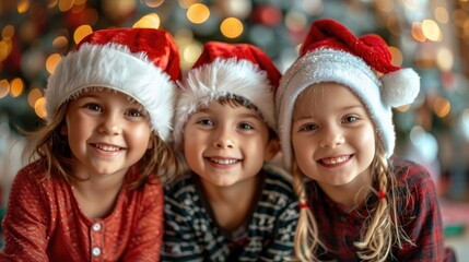 A happy warm family, happy kids dress in Santa Claus costume have a Christmas and new year eve celebration party at home. 