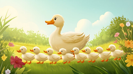 mother duck walking in line with several fluffy ducklings following closely behind