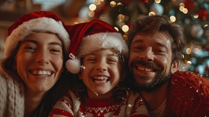 A happy warm family, father mother, and kids have a Christmas and new year eve celebration party at home. 
