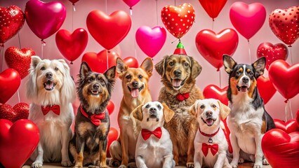 Fototapeta premium Adorable Dogs Celebrating Valentine's Day with Hearts, Balloons, and Cute Accessories for Love