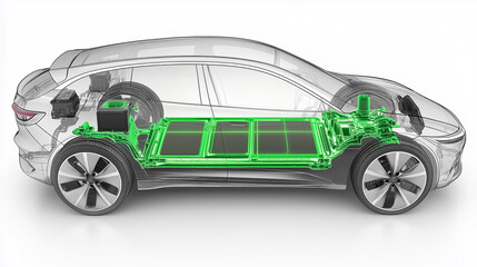 Electric Car with lithium ion battery assembly production Line with pack of battery cells module on platform.