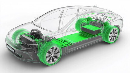 Electric Car with lithium ion battery assembly production Line with pack of battery cells module on platform.