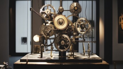 Naklejka premium Kinetic art piece with moving parts, gears, and motors, creating an interactive and dynamic visual experience for the viewer.