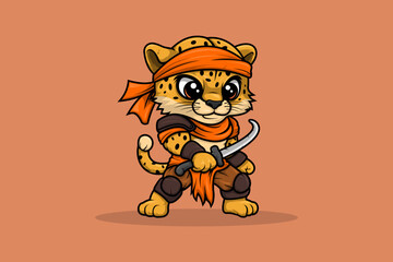 Mascot Character Cheetah Warrior Tribe Holding Blade