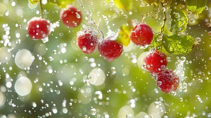 Surreal floating red cherries splashing in water against a green background, highlighting delicate textures and fresh colors, creating a juicy and vibrant atmosphere with soft and bright natural light