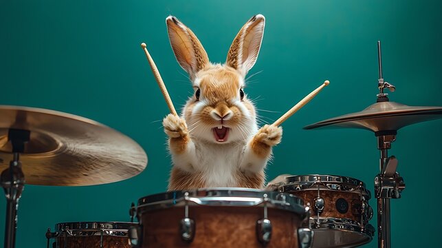 A rabbit drummer joyfully plays, drumsticks in motion.