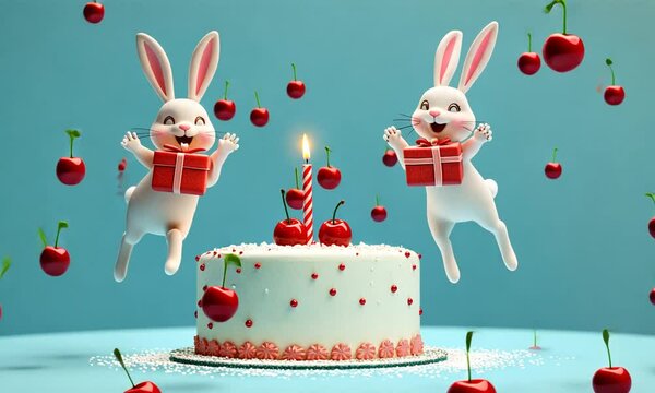 cute cartoon rabbit and gift box with red bow and easter bunny on pink background