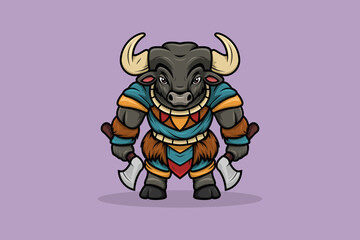 Mascot Character Cartoon Bull Warrior Tribe Holding Dual Axe