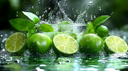 Limes Splashing in Water with Green Leaves