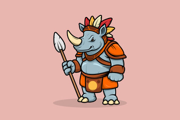Mascot Character Cartoon Rhino Tribe Warrior holding Spear