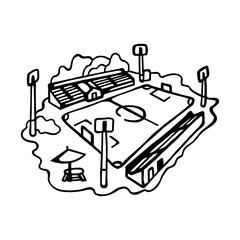 Minimalist black and white illustration of a football stadium with field, lights, and stands. This hand-drawn design captures the simplicity of a sports venue