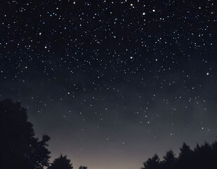 Starry night sky with trees in the background. Starfall, space, bright lights