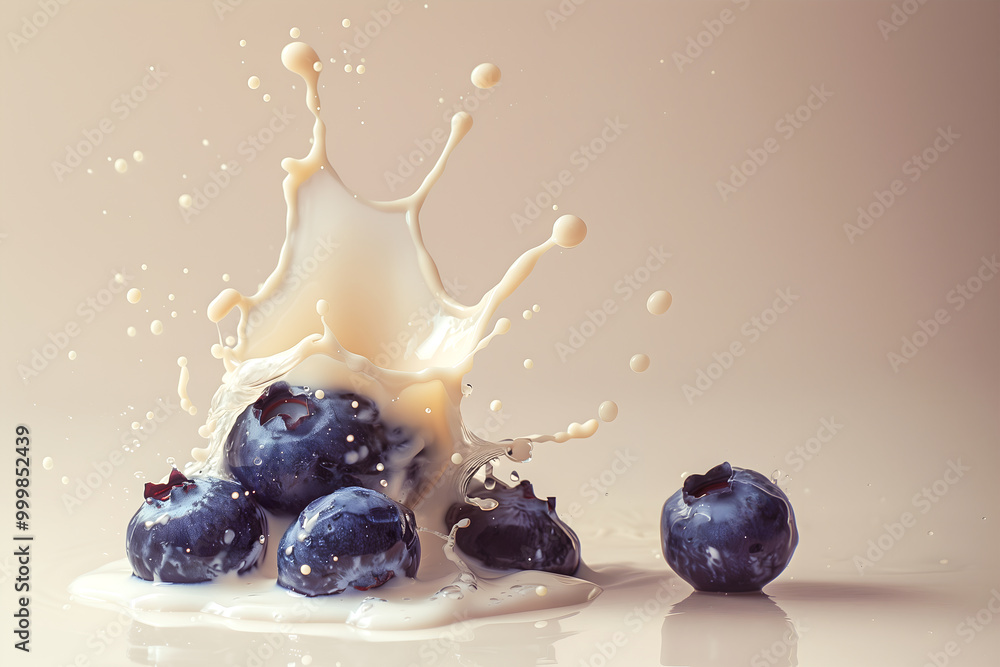 Wall mural creative food template. topping fruit blueberry blueberries splashing dropping onto milk melted gela