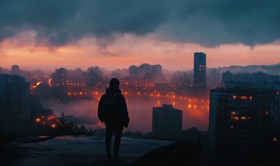 Fototapeta premium Silhouette of Person with Backpack Viewing City Skyline at Dusk