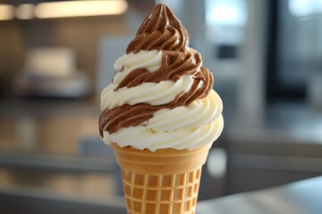 Soft Serve Ice Cream Machine Dispensing Vanilla and Chocolate Swirls into a Cone