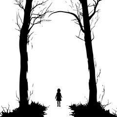 Silhouette of a Girl in a Dark Forest Scene