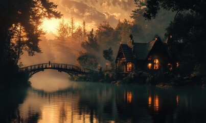 Fototapeta premium Serene Sunset Cottage by Lake