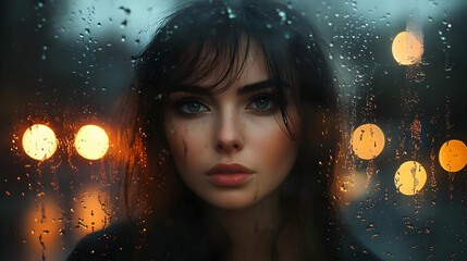 Rainy Night, Woman Gazing Through Window with City Lights