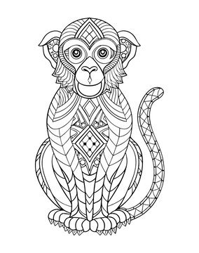 zentangle monkey coloring page for children