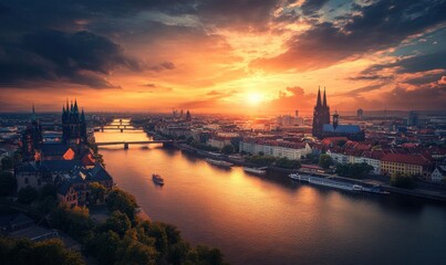 Obraz premium City Sunset Over River with Majestic Cathedral