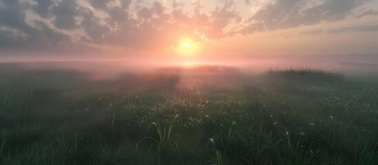 Naklejka premium Foggy Sunrise On A Field With Cloudy Sky