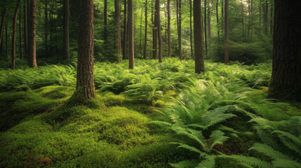 Obraz premium Lush green ferns and moss covering the forest floor in a tranquil, shaded woodland