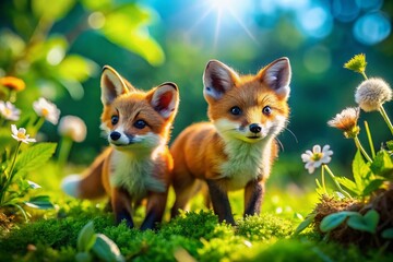 Adorable Toy Fox Puppies Playing Together in a Lush Green Garden Under Bright Blue Sky