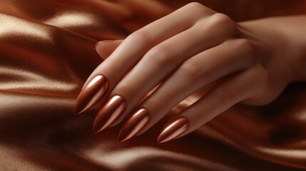Detailed image of a mannequin's hand with gel nails in a metallic copper shade, no logo, focus on the rich, warm tone, no people.
