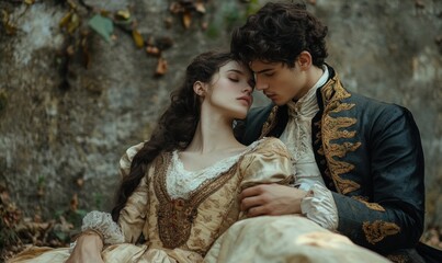 Romantic Couple in Historic Costume Embracing Outdoors