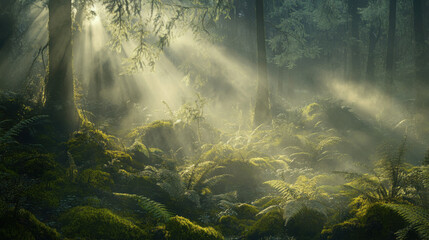 Ferns and moss in a misty, enchanted forest with gentle sunlight filtering through the trees