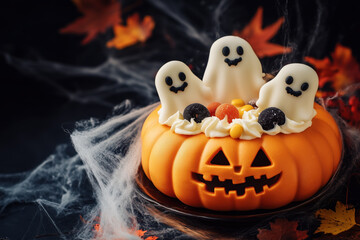 Halloween party dessert. Scary pumpkin cake and halloween candles. Halloween party background.