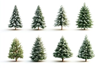 Fototapeta premium Eight Snow-Covered Pine Trees Isolated on White Background