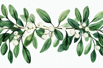 Naklejka premium A beautiful watercolor illustration of mistletoe branches adorned with vibrant green leaves and clusters of white berries on a white background.