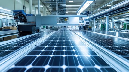 Fototapeta premium Solar panel manufacturing equipment, including laminators and cutting machines, highlighting the production of sustainable energy components.