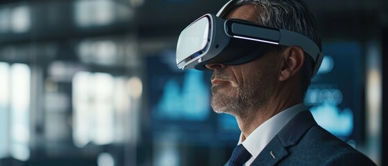 Businessman wearing VR headset in modern office setting.