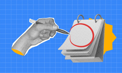 Halftone collage Hand circling a date on a calendar, highlighting schedule and important events. Represents planning, time management, and goal setting in business, marketing, or personal development