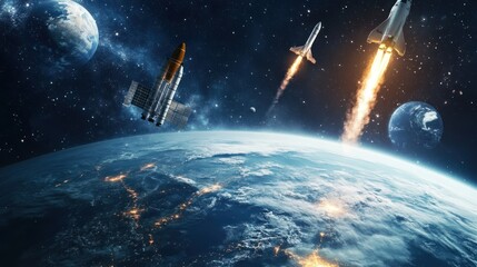 Space exploration technology with rockets, satellites, and space robots, representing human advancement beyond Earth.