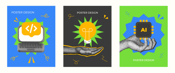 Halftone collage Modern poster designs featuring tech icons: coding, innovation, and AI. Ideal for digital marketing, tech conferences, and startup branding