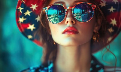 Patriotic Woman Wearing Sunglasses and Hat