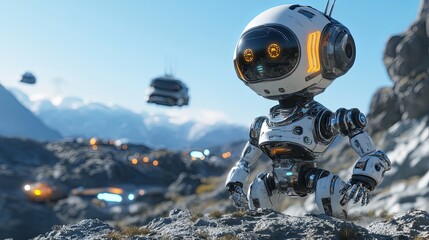 A futuristic robot sits on rocky terrain, surrounded by hovering vehicles and a mountainous backdrop.