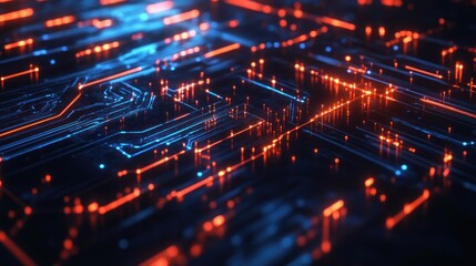 Technology concept with abstract digital circuits and glowing connections, showcasing innovation in the tech world.