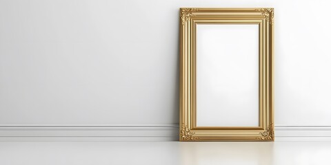 An elegant gold picture frame on a white wall highlights minimalist design. The centered, studio-lit shot emphasizes a clean, modern aesthetic with soft shadows and subtle textures.