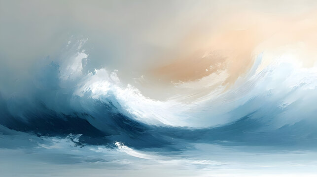 Ocean Waves Abstract Painting - Blue, White, Beige Color Palette