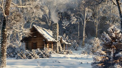 Cozy Cabin in a Snowy Forest