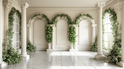 Elegant marble room with white pillars and lush floral decor