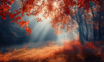 Autumn Sun Rays in Forest