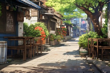 Fototapeta premium Minimalist street caf scene with simple wooden tables amidst modern architectural lines